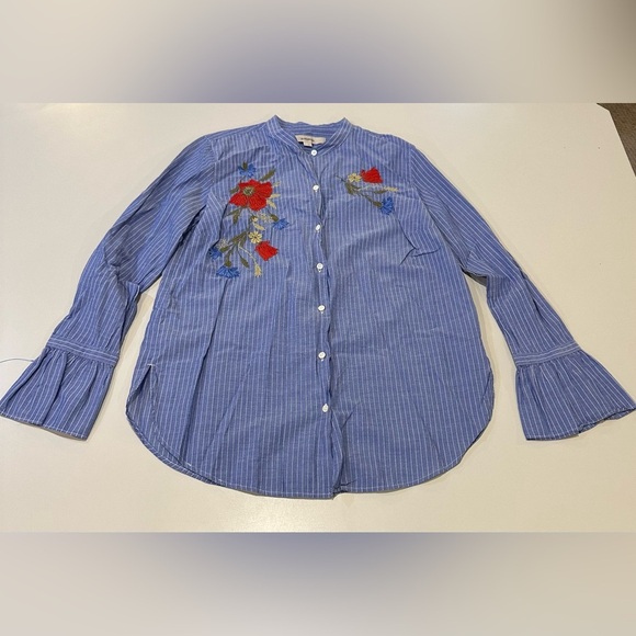 Loft Blue Striped Blouse with Floral Embroidery Size Small - Picture 1 of 5